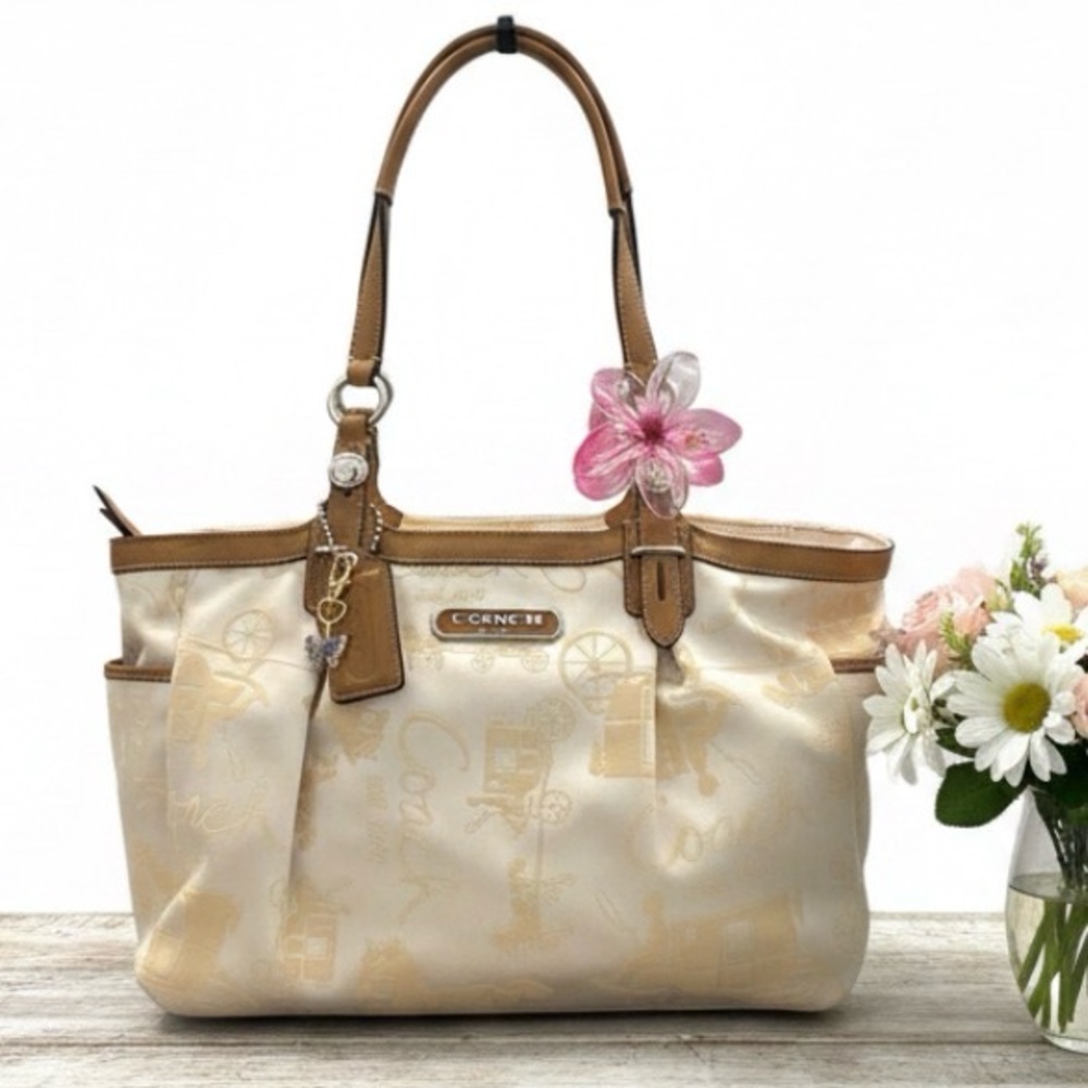 Coach East West Cream Gold Leather Trim Horse & Carriage Pink Interior Tote Bag
